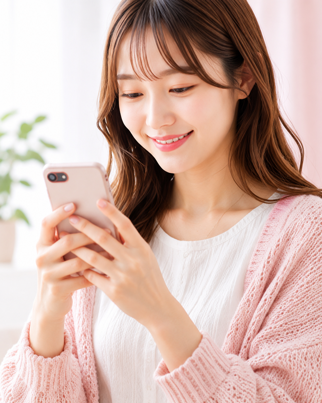 スマホを見て微笑む女性