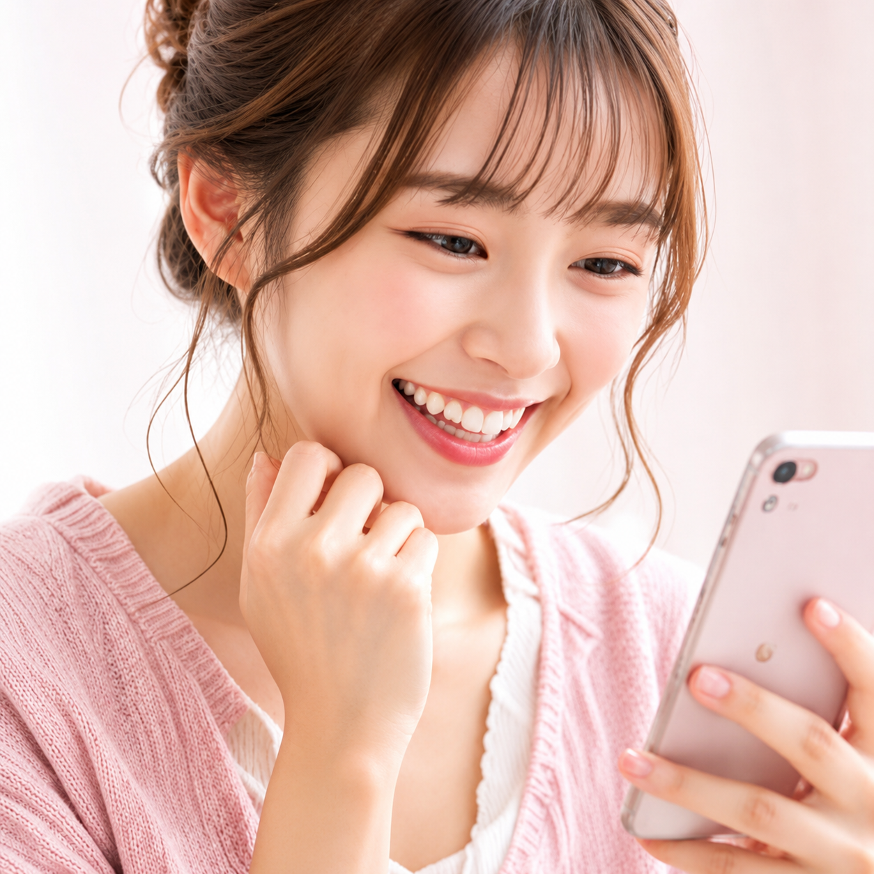 スマホを見て嬉しそうに笑う女性