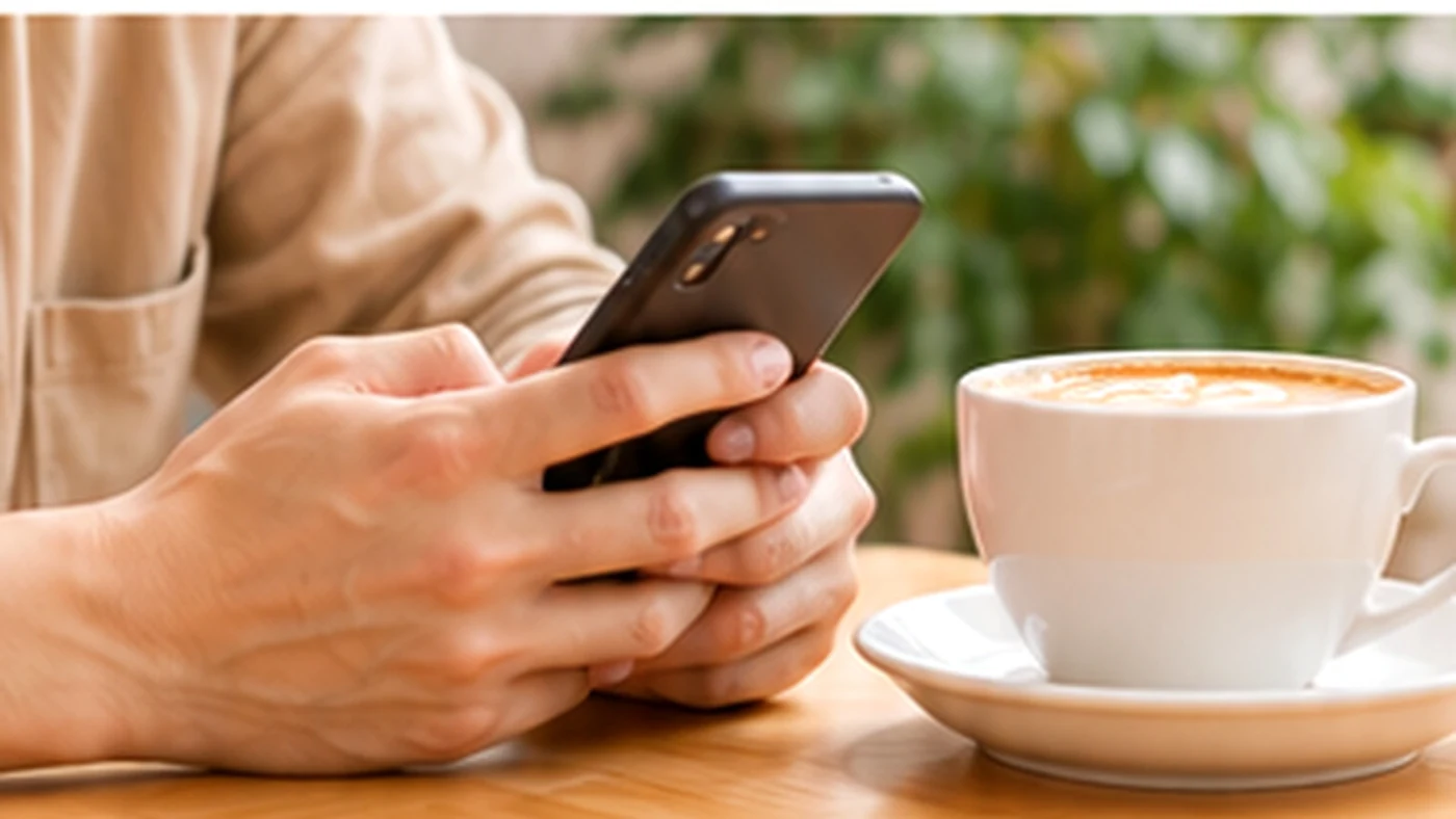 カフェでスマートフォンを操作する様子
